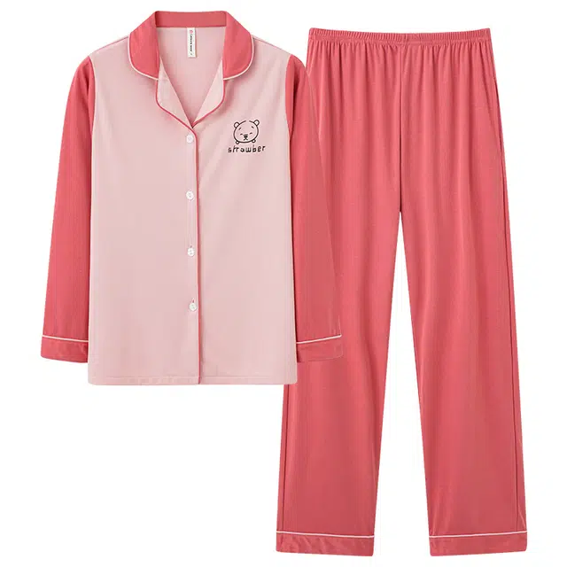 莫代尔 亲肤舒适开衫翻领长袖长裤时尚卡通素色家居服可外穿睡衣套装 女款 粉红色