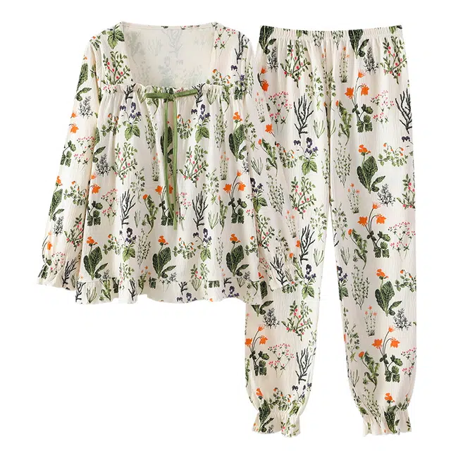 睦隆世家 亲肤柔软轻盈丝滑透气微弹舒适耐磨吸湿排汗带胸垫防凸点长袖长裤可居家休闲可外穿睡衣套装 女款 杏色