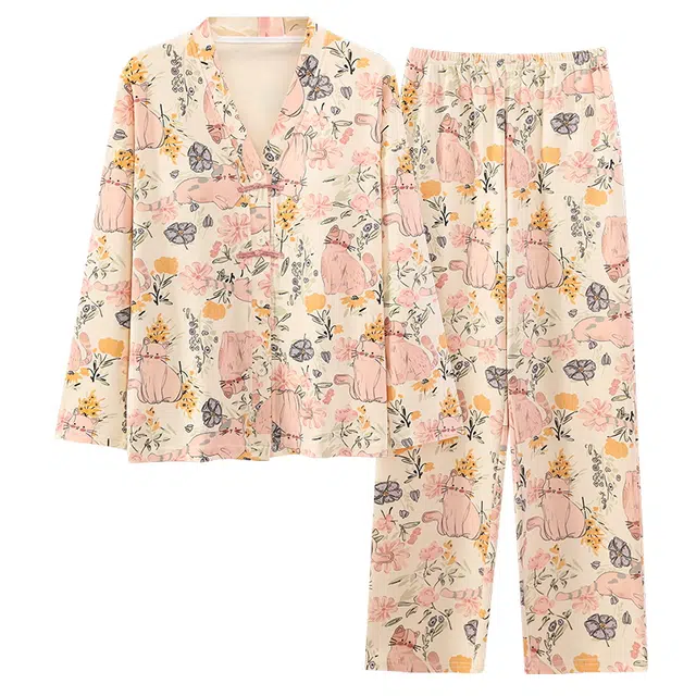 莫代尔 简约亲肤带胸垫防凸点长袖开衫卡通满印时尚韩版可外穿长裤睡衣套装 女款 杏色