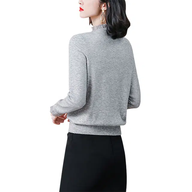 丝柏舍 纯色网纱拼接木耳边长袖套头针织衫 女款