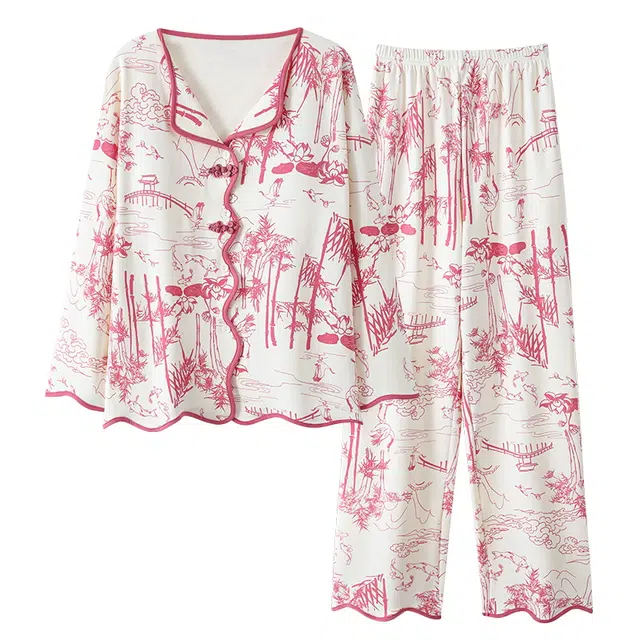 莫代尔 印花满印亲肤带胸垫防凸点长袖舒适透气长裤睡衣套装 女款 杏色