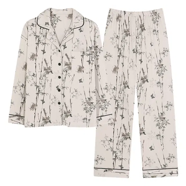 莫代尔 亲肤带胸垫防凸点舒适长袖长裤开衫翻领国风满印时尚家居服可外穿睡衣套装 女款 卡其色