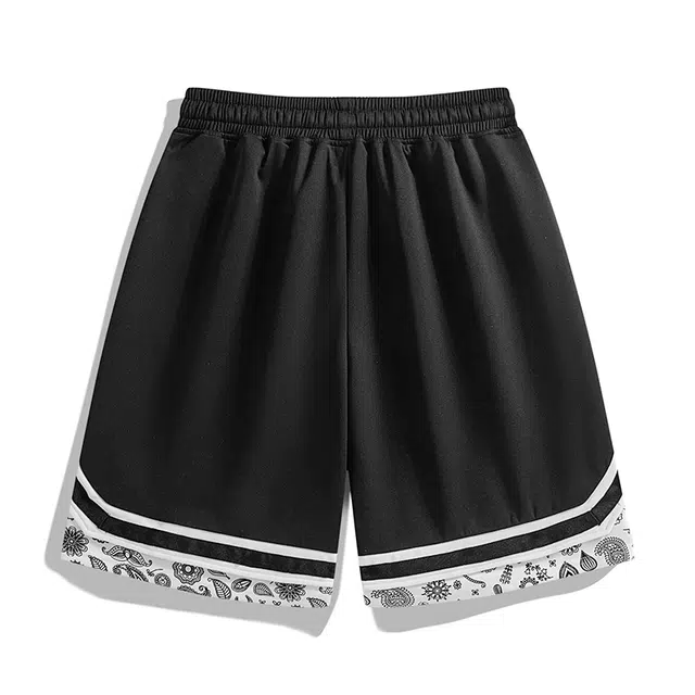 寻星记 美式复古条纹腰果花织带拼接假两件宽松透气抽绳直筒休闲篮球短裤 男女同款