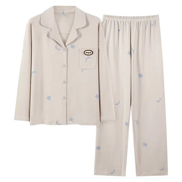 俞兆林 简约纯色印花微弹透气翻领长袖长裤休闲宽松大码家居服可外穿秋季睡衣套装 女款 浅灰色