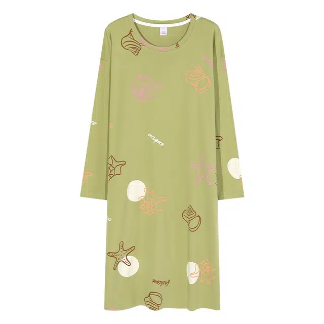 歌倩雅 纯棉长袖中长款睡裙 女款 绿色