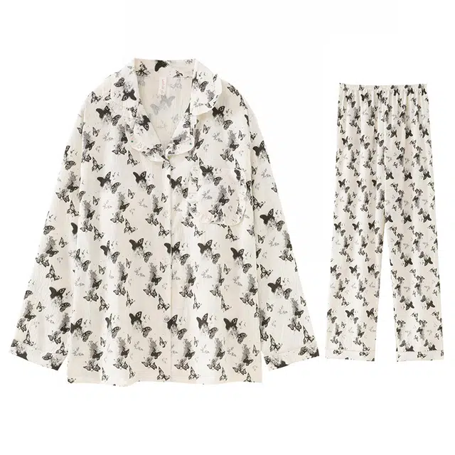 兰缪 带胸垫一体长袖长裤家居服睡衣套装 女款 图色