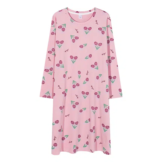 歌倩雅 食物图案满印圆领亲肤透气长袖睡裙 女款 粉色