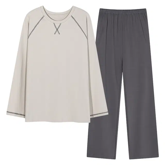 莫代尔 亲肤舒适长袖长裤套头圆领可外穿简约时尚素色睡衣套装 男款 卡其色