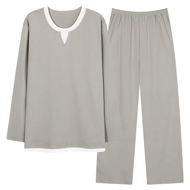 莫代尔 亲肤舒适套头圆领长袖家居服可外穿长裤睡衣套装 男款 卡其色