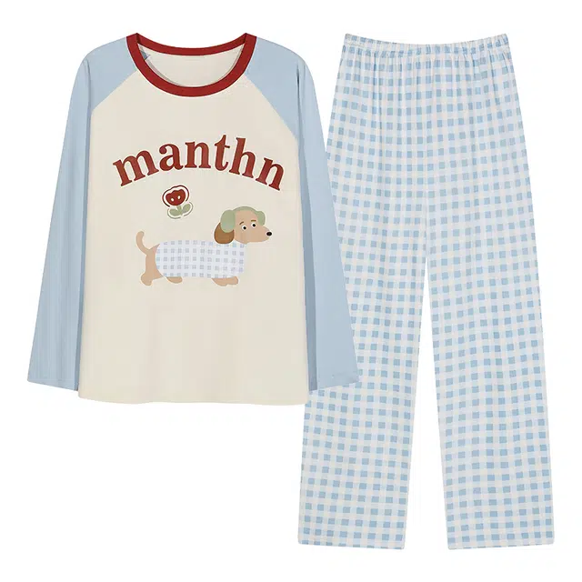 莫代尔 亲肤带胸垫防凸点舒适长袖格仔长裤套头圆领卡通时尚学生家居服可外穿睡衣套装 女款 浅蓝色