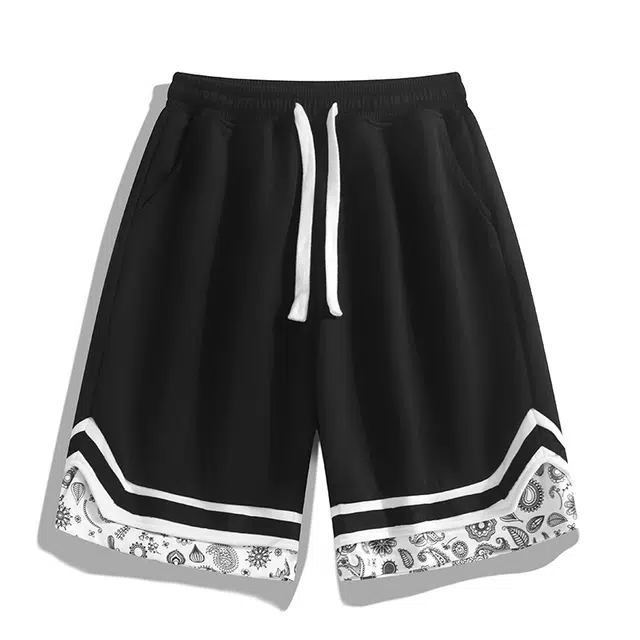 寻星记 美式复古条纹腰果花织带拼接假两件宽松透气抽绳直筒休闲篮球短裤 男女同款