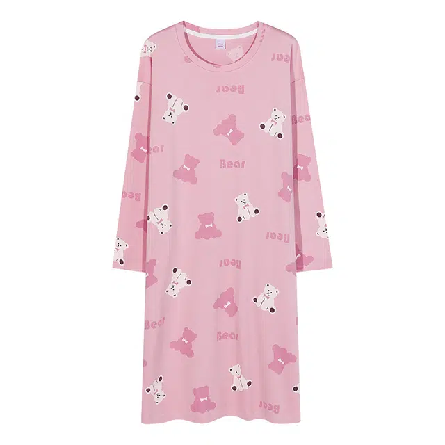 歌倩雅 圆领套头亲肤甜美可外穿长袖睡裙 女款 粉色