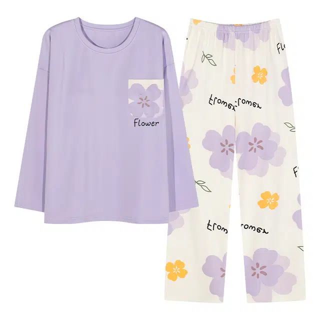 莫代尔 亲肤带胸垫防凸点舒适长袖花卉满印长裤套头圆领甜美家居服可外穿睡衣套装 女款 香芋紫