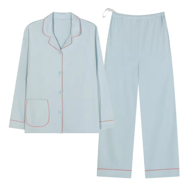 莫代尔 亲肤舒适开衫翻领隐蔽哺乳口长袖可调节裤腰长裤孕妇月子服素色睡衣套装 女款 浅蓝色