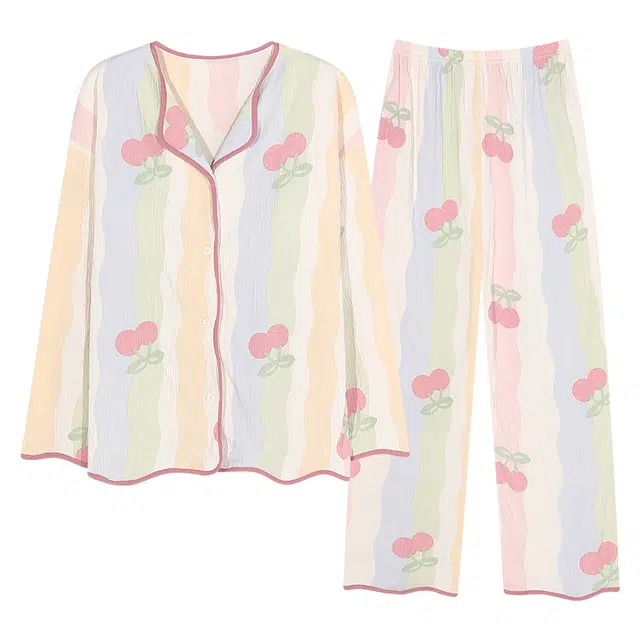 莫代尔 樱桃图案亲肤防凸点带胸垫长袖条纹清新长裤睡衣套装 女款 杏色