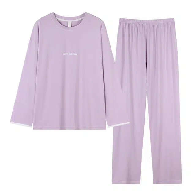 莫代尔 舒适亲肤柔软吸湿排汗轻盈微弹耐磨细腻透气长袖休闲可外穿秋冬季睡衣套装 女款 淡紫色