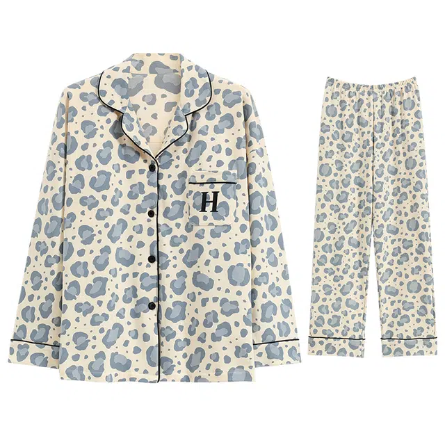 兰缪 翻领简约舒适长袖上衣松紧腰长裤睡衣套装 女款 白色