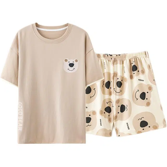 雅鹿 短袖家居服可外穿圆领睡衣套装 女款 卡其