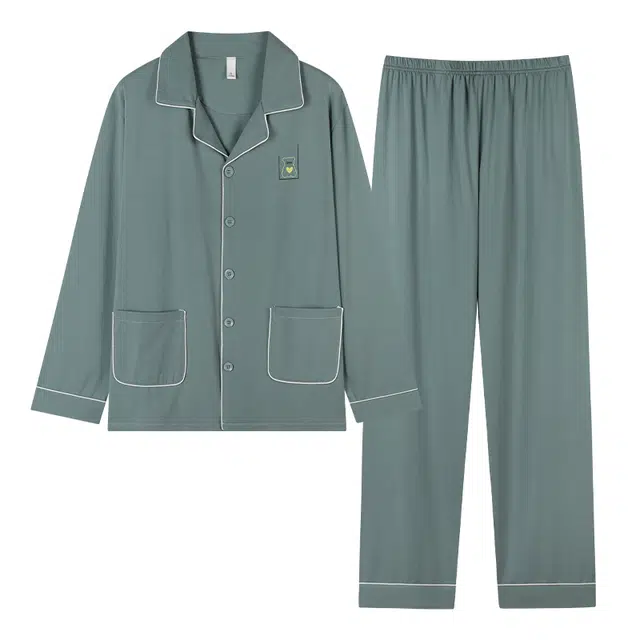 莫代尔 亲肤柔软舒适轻盈耐磨透气细腻吸湿排汗开衫长袖长裤居家休闲可外穿情侣款睡衣套装 男款 灰孔雀绿