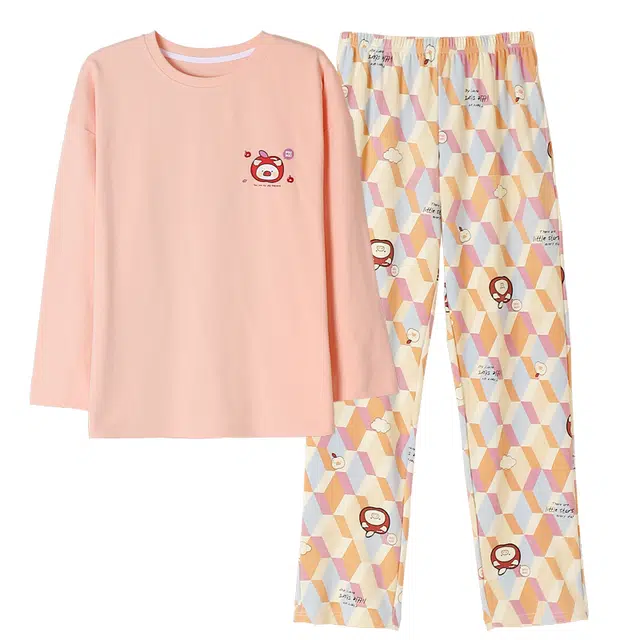 梦特娇 亲肤舒适纯棉长袖长裤简约可外穿 可爱卡通休闲圆领套头家居服宽松百搭睡衣套装 秋冬季 女款 两件套 粉色