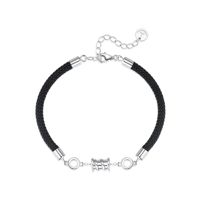 万娜 小蛮腰 合金 手链  银白色/黑色 转运珠编织绳 男女同款情侣款