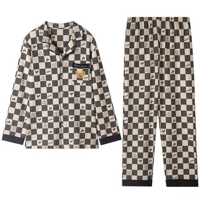 梦特娇 保暖翻领开衫格子长袖休闲长裤可外穿 满印小众设计 柔软透气舒适家居服宽松大码睡衣套装 秋冬季 男款 两件装 棕色