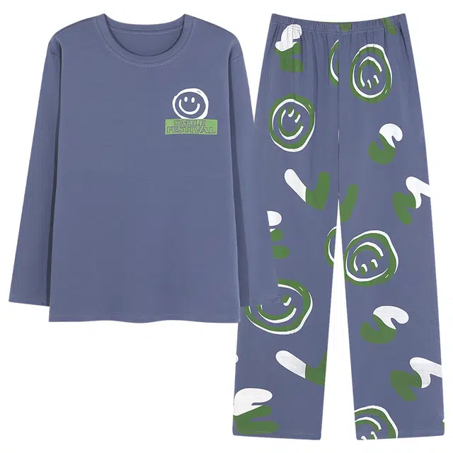 俏霓桐 简约笑脸亲肤舒适圆领长袖休闲学生宿舍可外穿长裤睡衣套装 男款 图片色