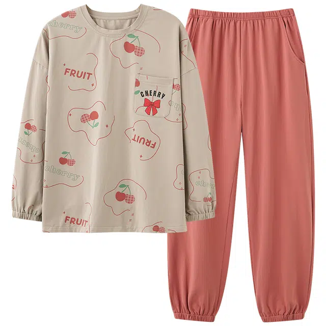 梦特娇 纯棉圆领长袖长裤简约可外穿 拼色口袋小众时尚设计 舒适亲肤宽松大码套头家居服睡衣套装 秋冬季 女款 两件套 褐色