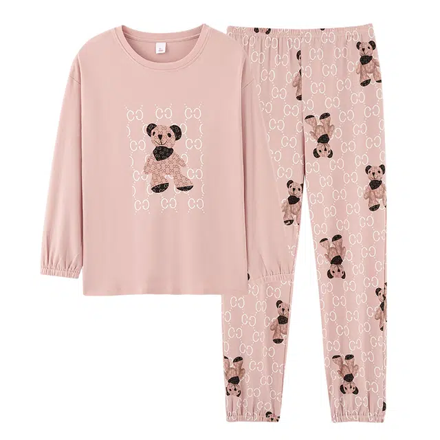歌倩雅 长袖甜美可爱小熊长裤可外穿睡衣套装 女款 粉色