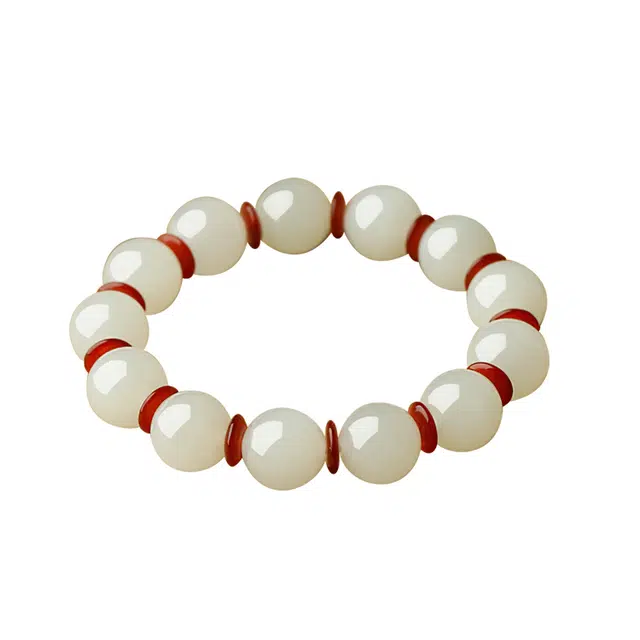 玉说 国潮圆珠串珠红白配色 和田玉 手串 男款 白玉