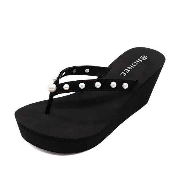 宝人 坡跟外穿珍珠装饰增高人字拖鞋 女款 黑色