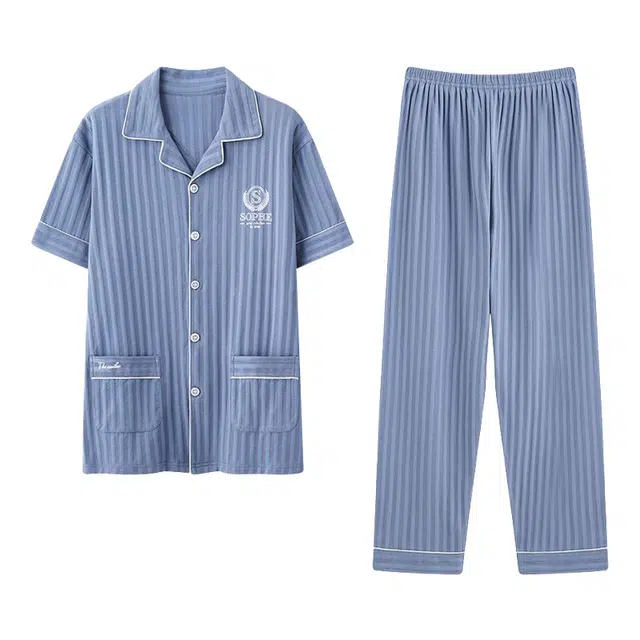 欧迪芬 柔软舒适透气亲肤短袖长裤条纹简约纯色双口袋开衫翻领可外穿睡衣套装 男款 蓝色