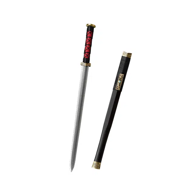 天子剑 战国剑 黑檀木鞘缠绳柄 黄铜精雕装具百炼花纹钢八面剑身 成品模型