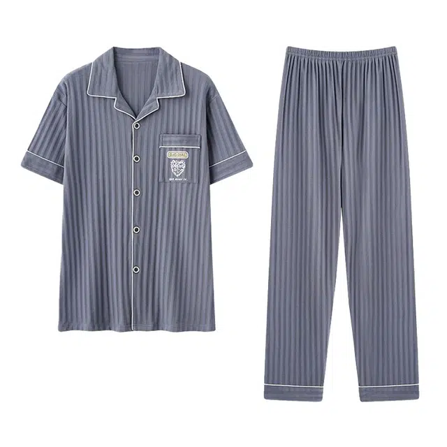 欧迪芬 翻领简约舒适长袖上衣松紧腰长裤睡衣套装 男款 浅灰色