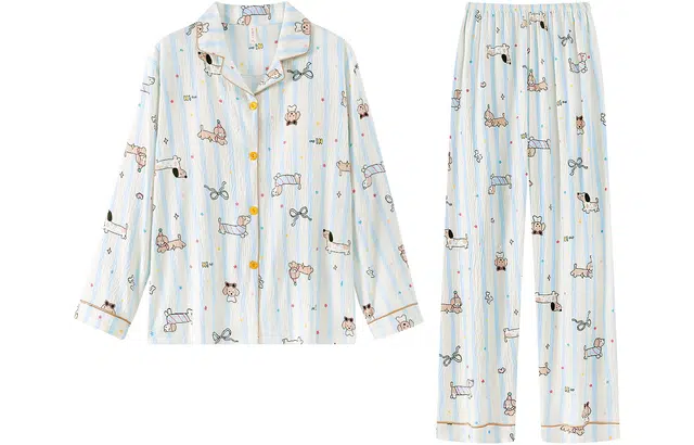 宫蝶 可爱甜妹风卡通满印云朵棉长袖家居服带胸垫休闲条纹开衫可外穿睡衣套装 女款 蓝色