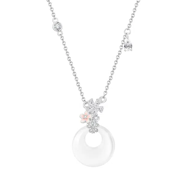 中国黄金 珍·尚银 繁花似锦 群镶闪耀气质温柔 轻奢大气 锁骨链  新中式古风平安扣 礼盒送礼女友纪念日礼物 玉髓 玉石项链 女款