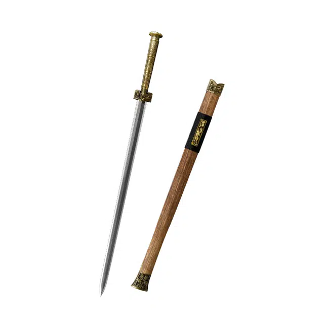 天子剑 九龙云霄汉剑 鸡翅木鞘合金镀铜装具百炼花纹钢八面剑身未开刃摆件 成品模型