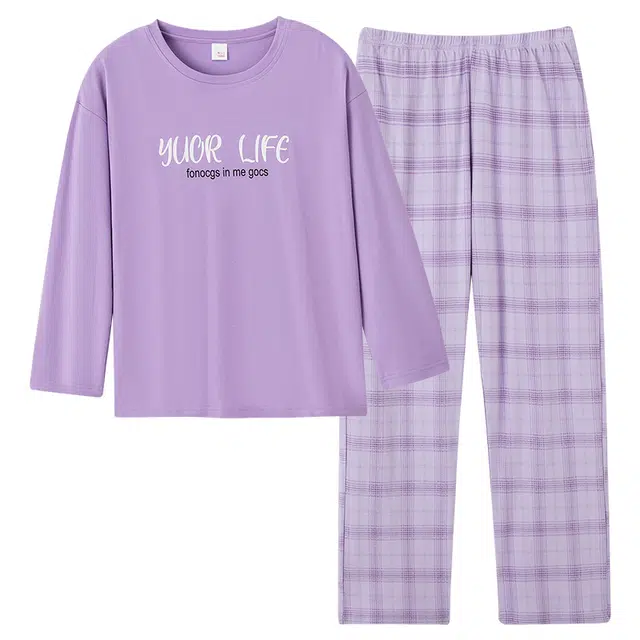 歌倩雅 套头甜美休闲长袖长裤可外穿全棉睡衣套装 女款 紫色