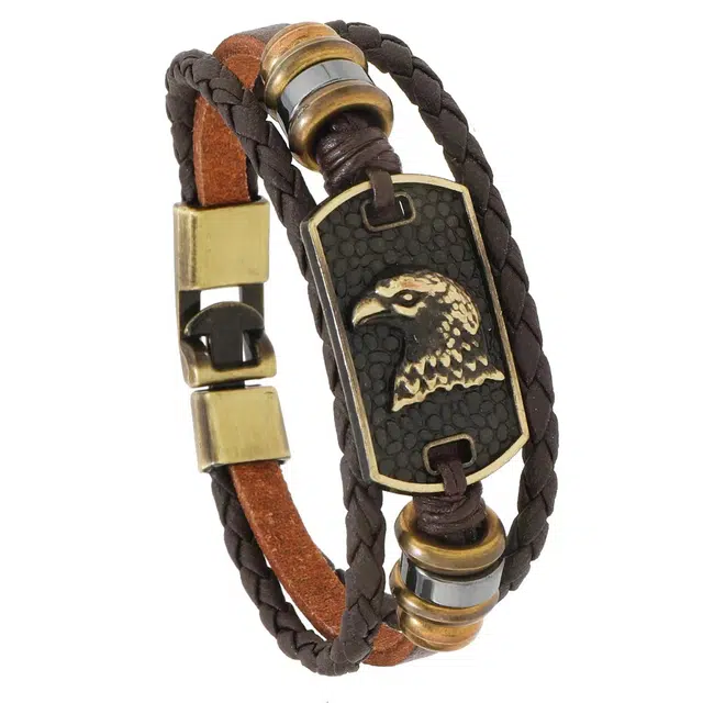 聆听花开 复古简约老鹰皮质手饰手环 欧美风个性嘻哈街头痞帅多层设计潮酷时尚气质百搭可调节 合金 手链 男款