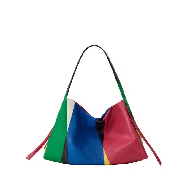 古良吉吉 小众设计师款大容量拼色女包 牛皮 风筝托特包 单肩包 中号 女款 城市绿野/黑色/粉色日暮/霓虹公园