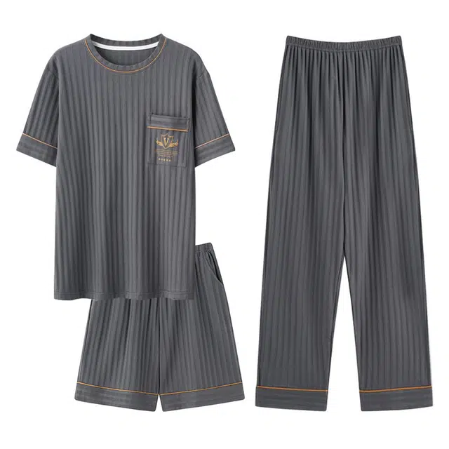 欧迪芬 亲肤柔软舒适透气吸汗圆领套头短袖纯色简约线条五分裤长裤睡衣套装 男款 灰色