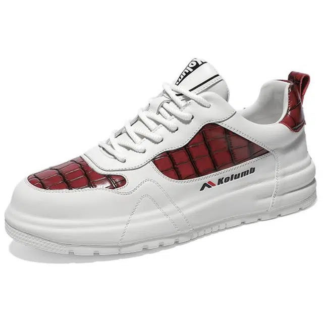 哥仑步 头层牛皮超纤皮 舒适百搭 减震防滑防水 低帮 生活休闲鞋 男款 白红
