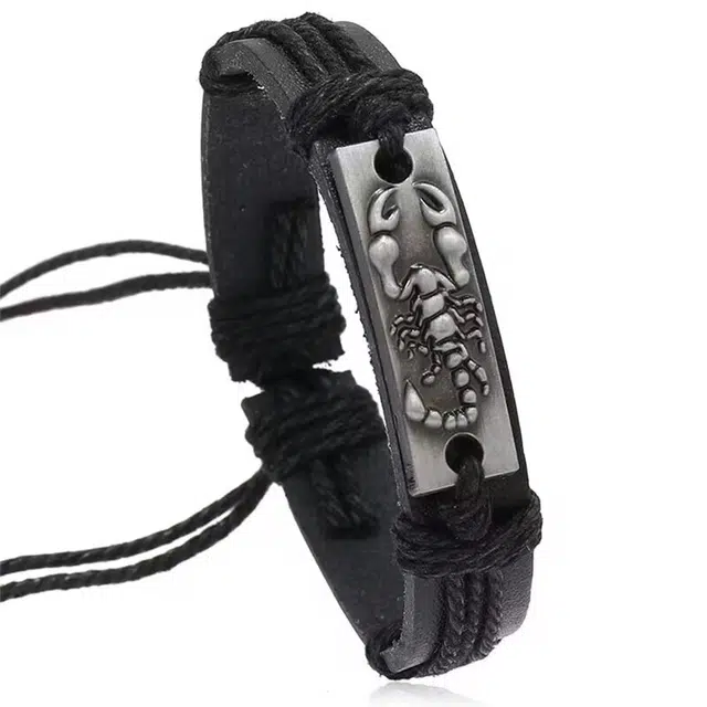 聆听花开 黑色蝎子皮质手饰手环 复古简约欧美风个性嘻哈街头痞帅多层设计潮酷时尚气质百搭可调节 皮 手链 男款