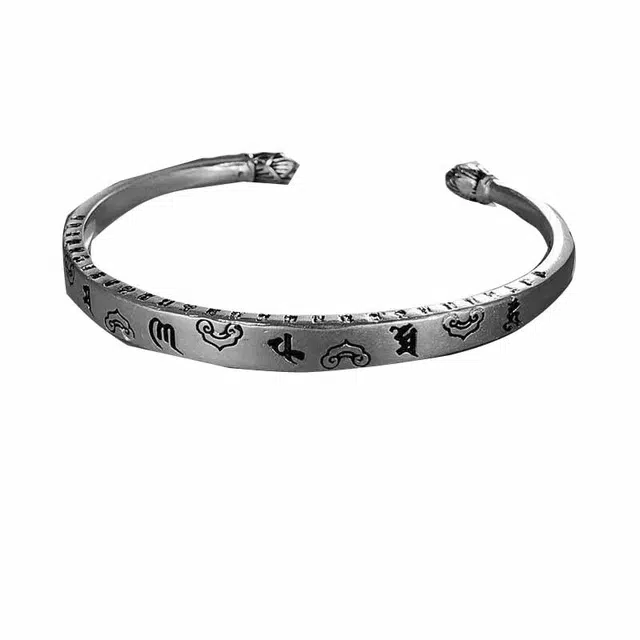 优态 纯手工泰黑色银开口六字真言手饰 高级感 合金 手镯  男女同款情侣款