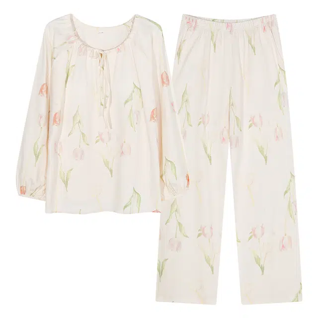 莫代尔 优雅韵味亲肤柔软透气免穿文胸带胸垫不透点圆领长袖长裤可外穿睡衣套装 女款 杏色