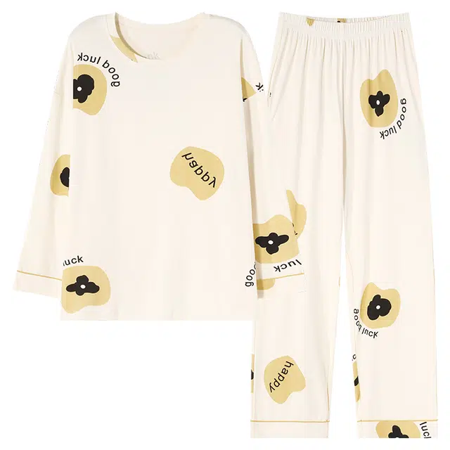 莫代尔 纯棉家居服长袖薄款套头印花春夏秋款大学生睡衣套装 女款 白底字母