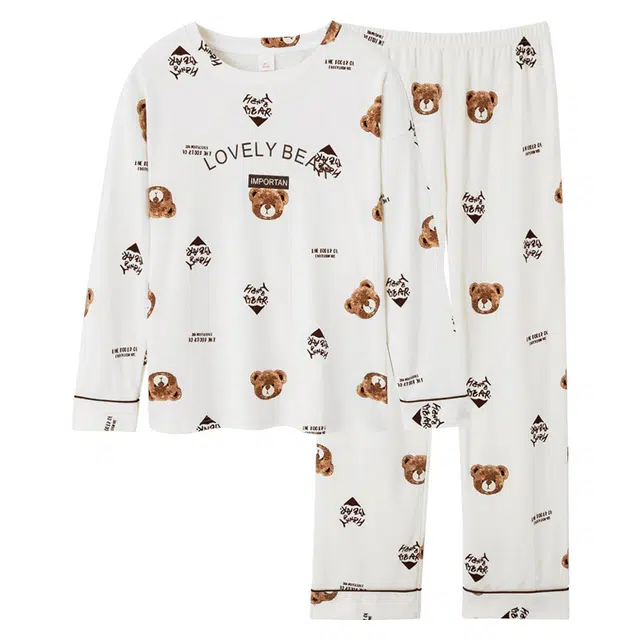 歌倩雅 纯棉长袖长裤休闲可外穿家居服睡衣套装 女 白色