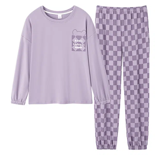 歌倩雅 简约纯色圆领长袖格子长裤可外出穿运动睡衣套装 女 紫色