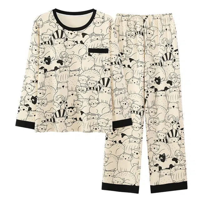 莫代尔 亲肤柔软透气带胸垫圆领简约长袖长裤可外穿居家服睡衣套装 女款 杏色