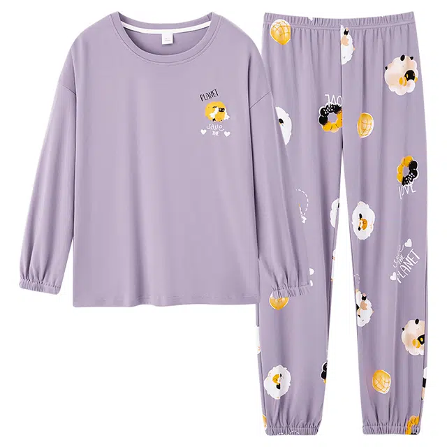 歌倩雅 纯棉长袖休闲宽松大码春秋季睡衣套装 女 图片色